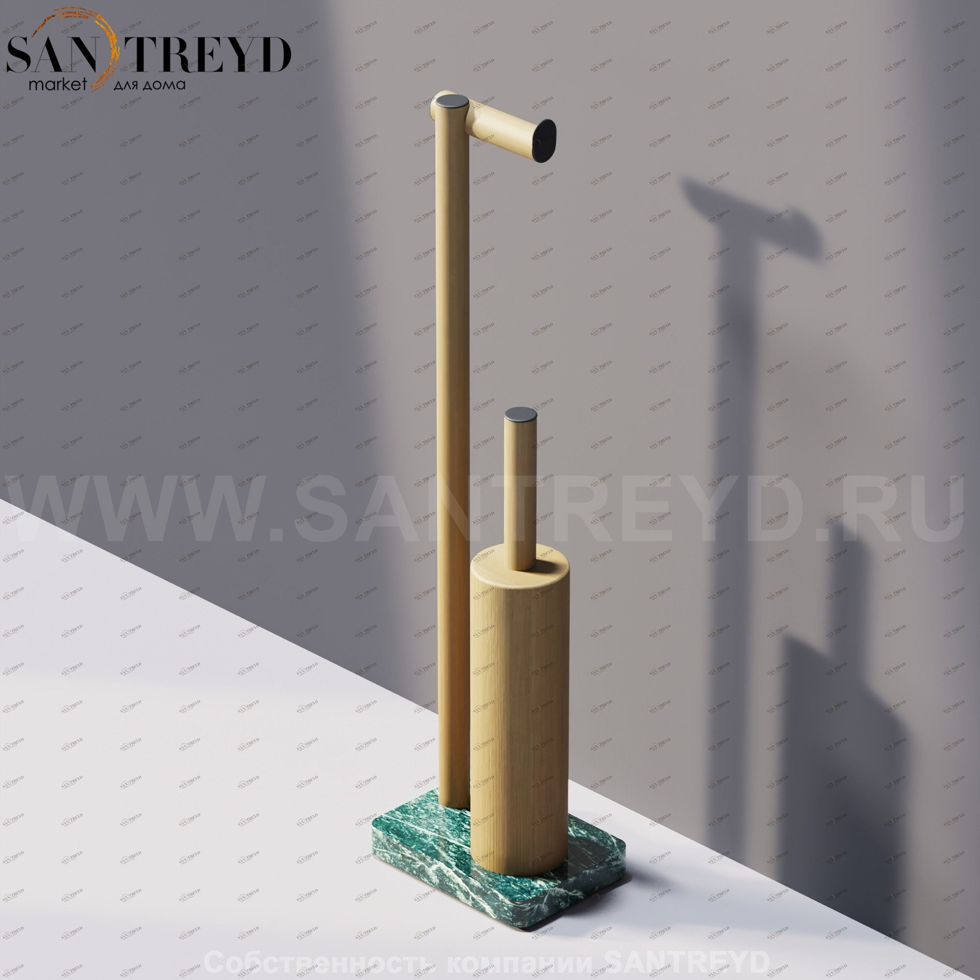 Agape DOT LINE Конструкция с функцией держателя для туалетной бумаги с туалетныи ершом под натуральный дуб на подставке из зеленого мрамора ADTL0460.RTV ADTL0460RTV