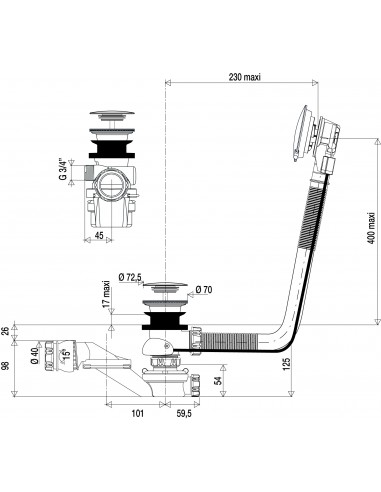 582500 000 00  Сифон для ванны Silencio, нижнее наполнение, автоматический с кабелем Л. 650 мм, хромированная поверхность Valentin Хром  - Вид №8