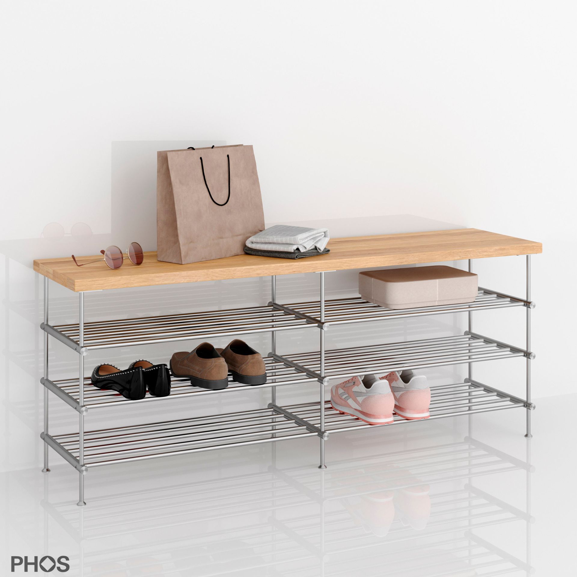 SB1200-3-Eiche Полка для обуви из дуба, 2 секции, 3 уровня, ширина 125 см. PHOS  - Вид №4