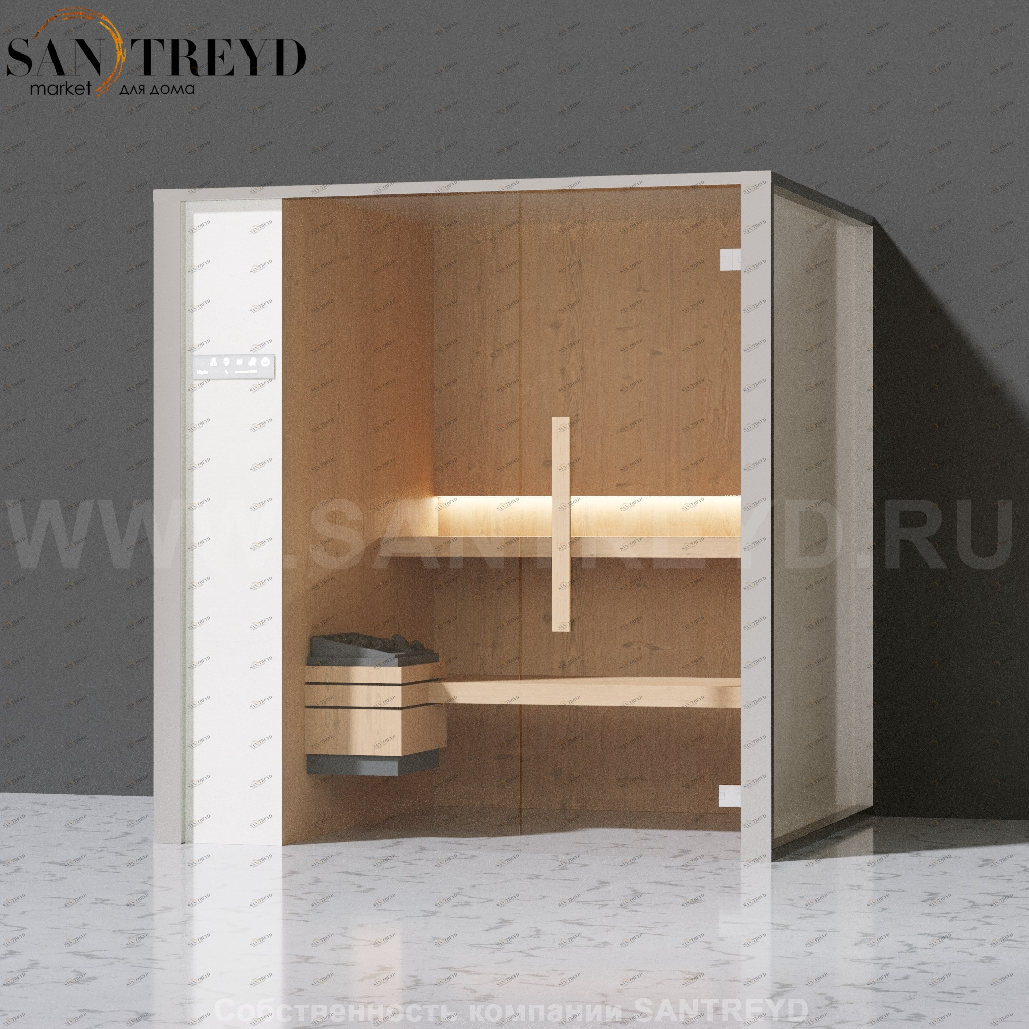 Effegibi ONEFILO S LO51020002 Сауна. Установка: к стене. Левая дверь. Мощность: 4,5 кВт макс. Размеры: длина 214 см, ширина 171 см. Отделка: матовый лакированный белый аллюминий и серый ламинат из керамогранита.