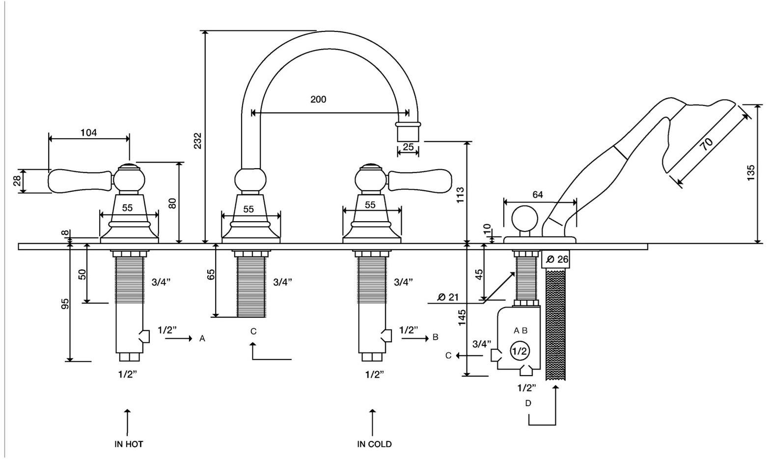 rvb Комплект для ванны с ручным душем на 4 отверстия Flamant butler 1950.11.70-wo - Вид №1