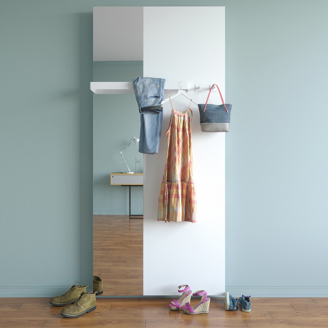 Зеркало настенное с панелью с полкой и крючками 260х105 см белое Duo BRAGIN DESIGN TUBE 00-3862375 Белый - Вид №1