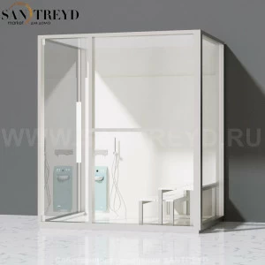 Effegibi H LARGE LO80020001 Комбинированная баня: хаммам и душ. Установка: к стене. Правая дверь. Мощность: 4,5 кВт макс. Размеры: длина 173 см, ширина 102 см. Отделка: матовый лакированный белый аллюминий и серый ламинат из керамогранита.