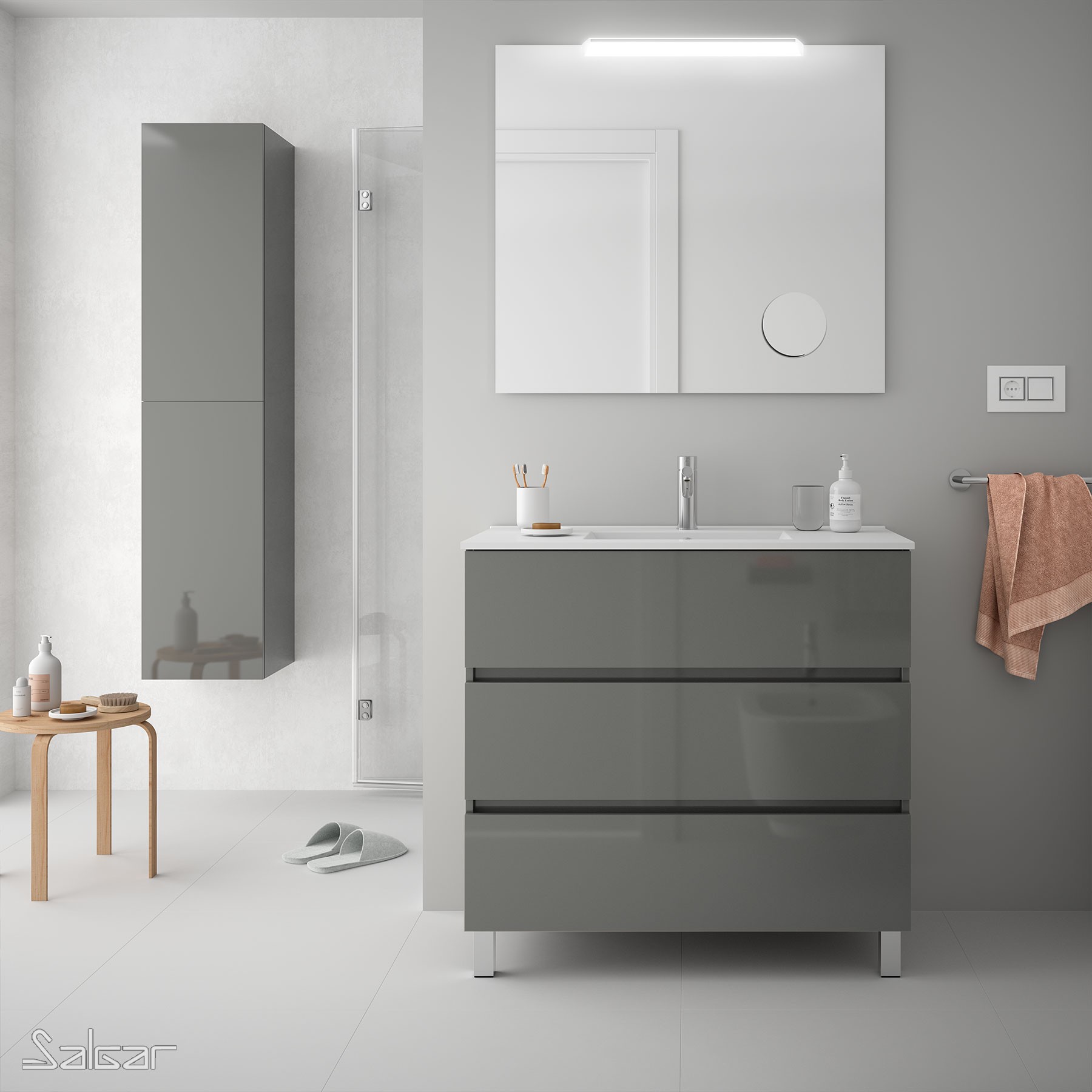 26568 SALGAR Мебель для умывальника FUSSION LINE 900 3 ящика GLOSS GREY 897 x 868 x 450 мм Глянцевый серый