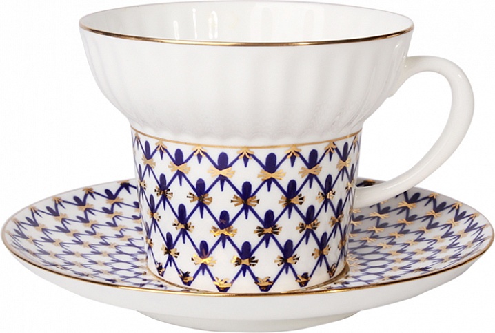82210 Императорский фарфоровый завод Чашка чайная с блюдцем "Кобальтовая сетка" "Волна" Фарфор костяной 
