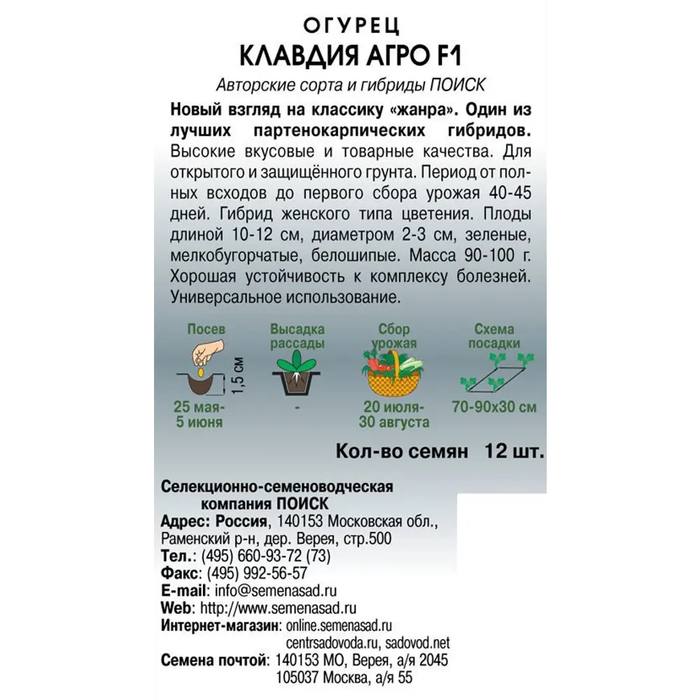 Семена огурца ПОИСК «Клавдия» F1 — партенокарпический гибрид для открытого и закрытого грунта 82102364 STLM-0018966 - Вид №1
