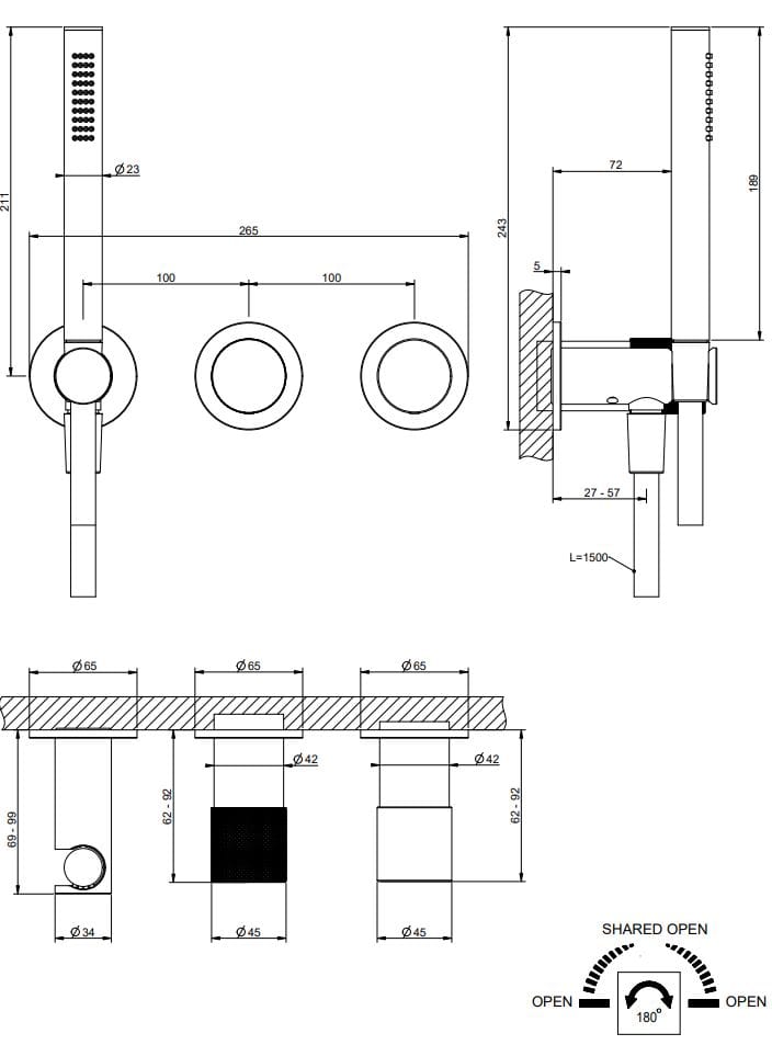 Смеситель для душа с 3 отверстиями из хромированной латуни Gessi Habito ARCH-00014654 - Вид №1