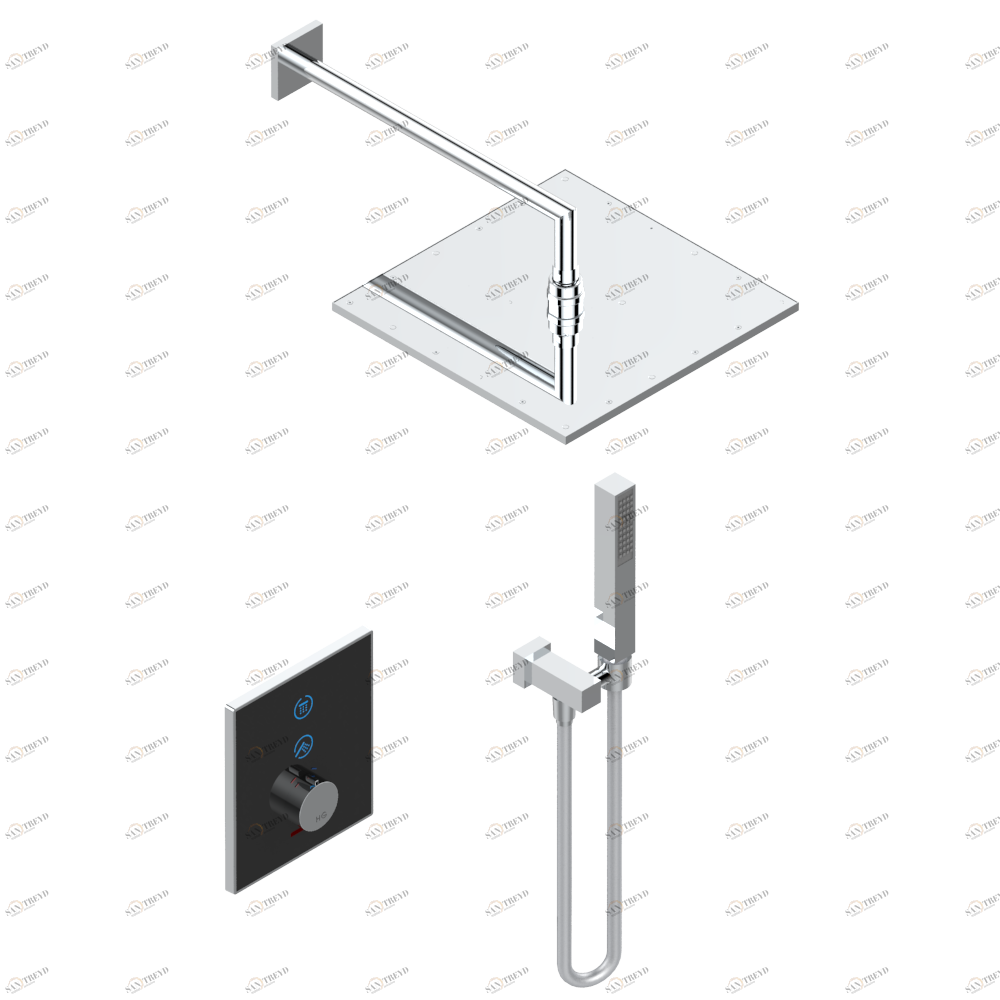 D14-6737N Комплект для душа Electrobox (включающий квадратную лейку для душа 300 х 300 мм с настенным держателем, ручной душ и смеситель с черной панелью, встраиваемый корпус и трансформатор) Thg-paris Electrobox Хром D14 6737N  A02 CAT.A