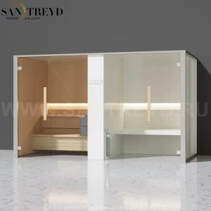 Effegibi LOGICAFILO SH LO41020001 Комбинированная баня: хаммам и сауна. Установка: к стене. Мощность: 10,5 кВт макс. Размеры: длина 373 см, ширина 171 см. Отделка: канадский хемлок, Отделка: канадский хемлок, матовый лакированный белый аллюминий и серый л