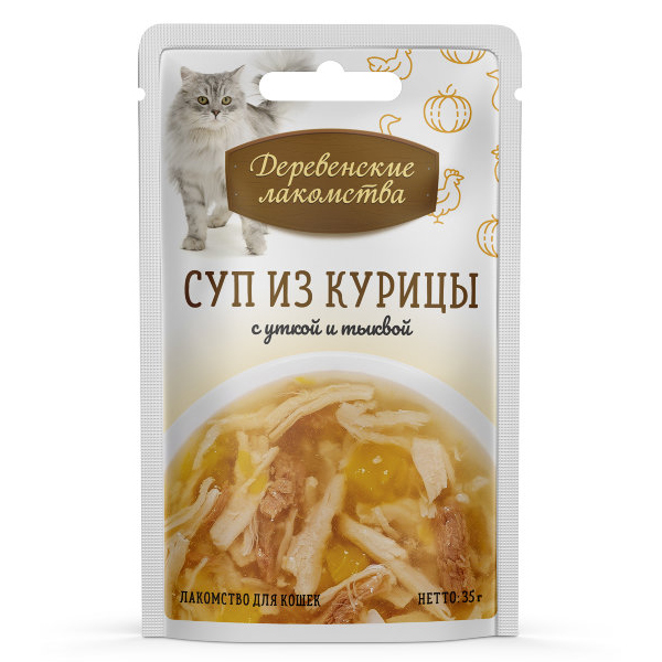 ПР0049750*60 Корм для кошек Суп из курицы с уткой и тыквой 35г (упаковка - 60 шт) ДЕРЕВЕНСКИЕ ЛАКОМСТВА 