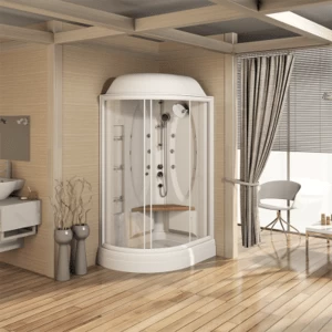 Душевая кабина "ГРАНД" (левое исполнение), поддон на раме-подставке с устройством слива, боковые стенки, центральная стойка, стеклянные шторки (прозрачные), смеситель, 3 стеклянные полочки, душевая лейка, сиденье