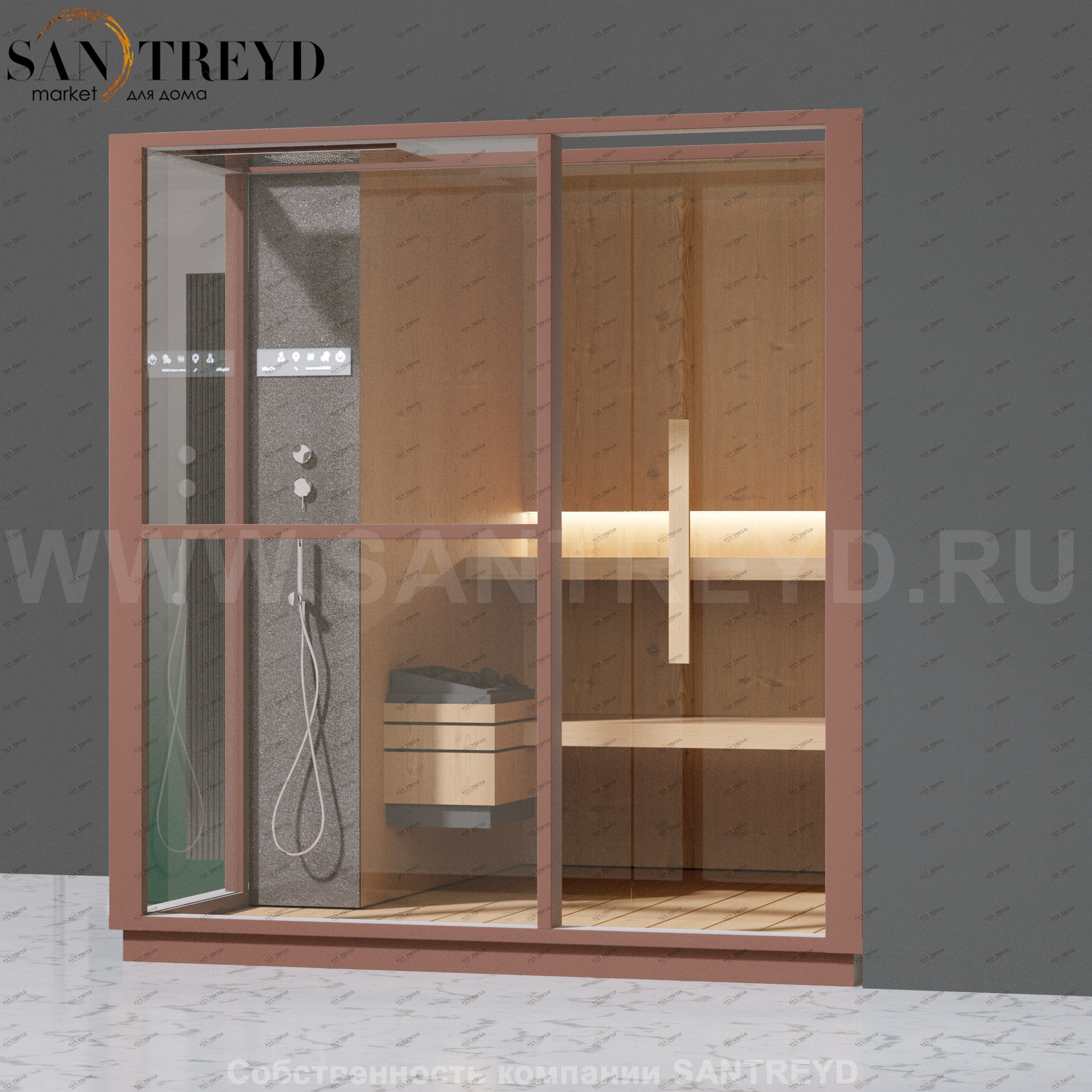 Effegibi LOGICA S LO20030008 Сауна. Установка: в правый угол. Левая дверь. Мощность: 6 кВт макс. Размеры: длина 214 см, ширина 250 см. Отделка: канадский хемлок, матовый лакированный коричневый аллюминий и темный ламинат из керамогранита.