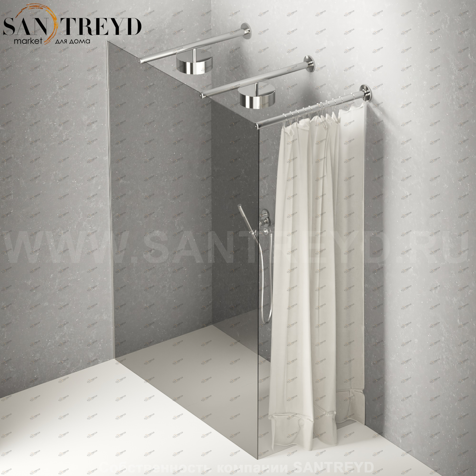 Душевое ограждение FLAT DX подрезаемое, стеклянная со шторкой дымчатая перегородка с 2-мя держателями со встроенным соплом для установки верхнего душа. Размеры: глубина от 70 до 100 см, длина от 140 до 160 см Agape DXC570100140160SSM