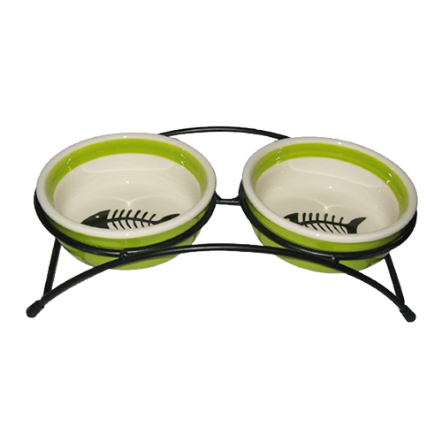 ПР0049199 Миска для животных Fish двойная зеленая керам. на металл.подставке 12,5х12,5х4,5см 2х300мл Foxie 