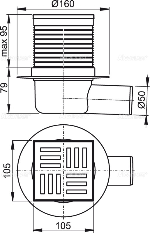 Сливной трап 105×105/50 мм боковой сток, решетка серая, гидрозатвор мокрый ALCAPLAST APV5111 - Вид №1
