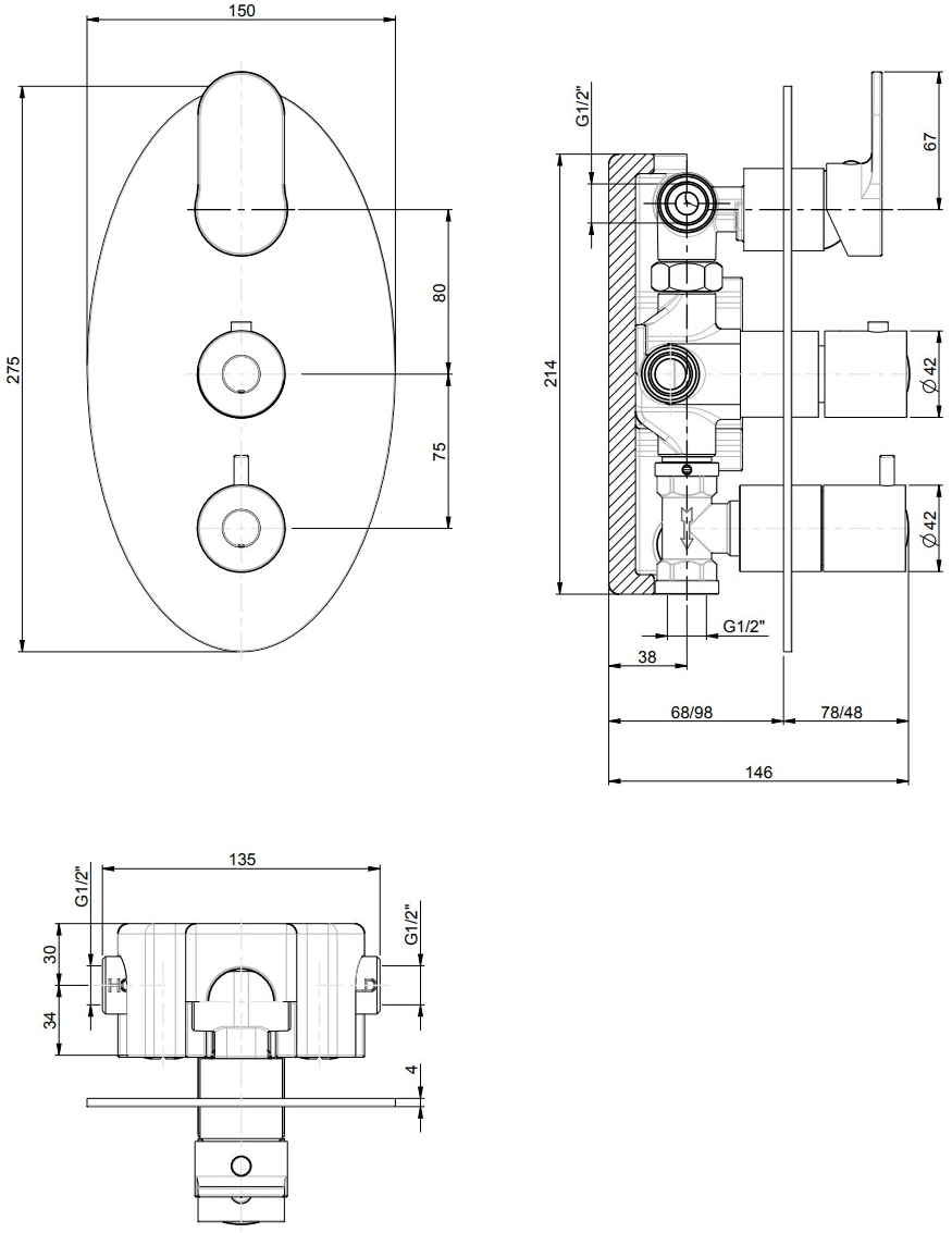 Rubinetterie Frattini Встраиваемый термостатический смеситель для душа, 3 направления Fosca sun-id-1417526 - Вид №1