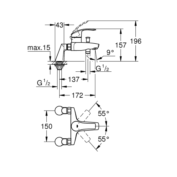 Смеситель для ванны GROHE Eurosmart New с вертикальными подключениями, хром (33303002) - Вид №1