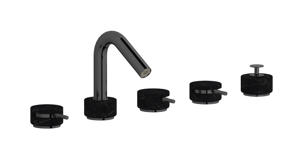 Смеситель на бортик ванной на 5 отверстий с дивертером и душевым гарнитуром. WE ARE IB mr396cf_2 Black Chrome Marmo