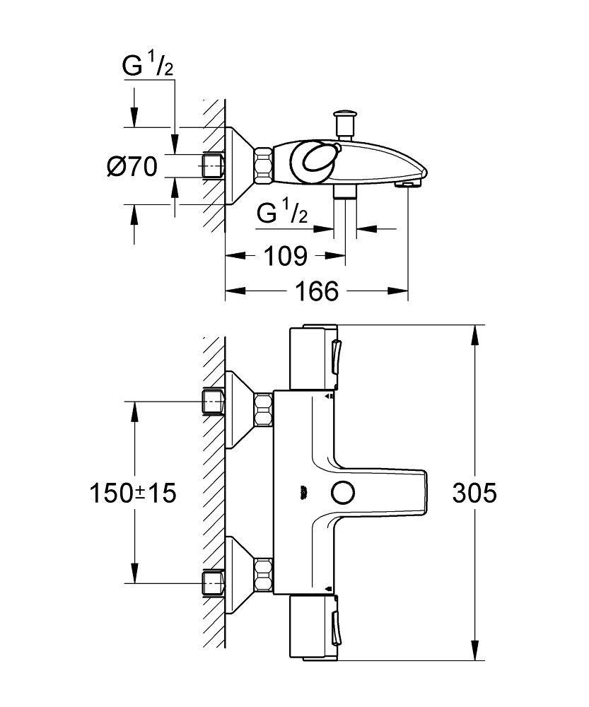34155000 Термостатический смеситель для ванны Grohe Grohtherm 1000 хром - Вид №1
