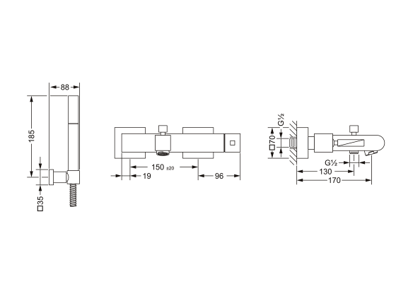Смеситель однорычажный для ванны ½“ с душевым гарнитуром, настенный монтаж JOERGER Turn 623.20.500.000 - Вид №1