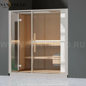 Effegibi LOGICA S LO20020009 Сауна. Установка: в нишу. Правая дверь. Мощность: 6 кВт макс. Размеры: длина 214 см, ширина 250 см. Отделка: канадский хемлок, матовый лакированный белый аллюминий и серый ламинат из керамогранита.