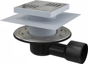 Сливной трап 150×150/50/75 мм боковой сток, решетка из нержавеющей стали, фланец из нержавеющей стали, воротник изоляции 2–го уровня, гидрозатвор сухой и мокрый