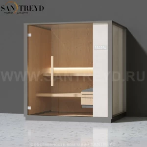 Effegibi ONE S LO50010001 Сауна. Установка: к стене. Правая дверь. Мощность: 6 кВт макс. Размеры: длина 214 см, ширина 171 см. Отделка: канадский хемлок, матовый лакированный серый аллюминий и бежевый ламинат из керамогранита.