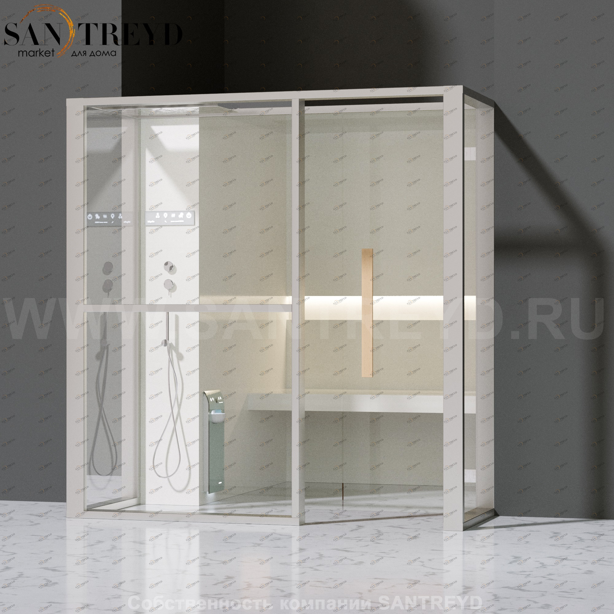 Effegibi LOGICAFILO H LO31020012 Хаммам. Установка: в полунишу. Левая дверь. Мощность: 4,5 кВт макс. Размеры: длина 214 см, ширина 250 см. Отделка: матовый лакированный белый аллюминий и серый ламинат из керамогранита.