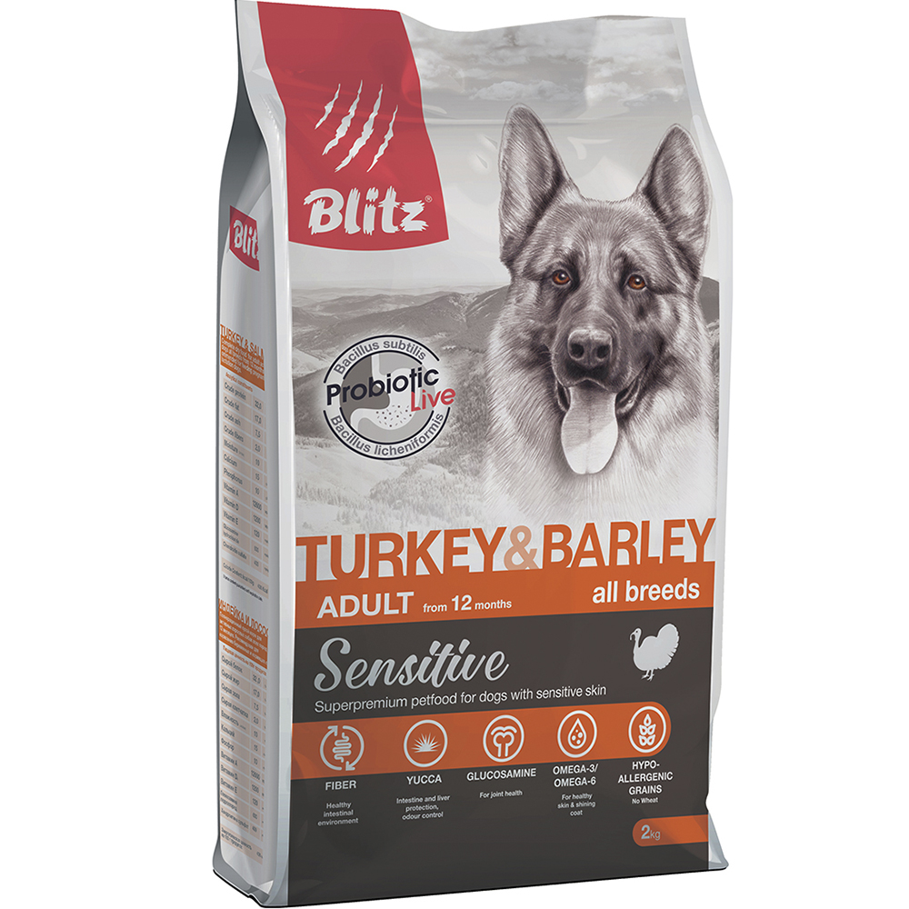 ПР0055587 Корм для собак Sensitive индейка, ячмень сух. 2кг Blitz 