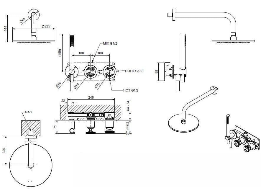 Хромированный латунный настенный смеситель для ванны Bugnatese тысяча девятьсот пятьдесят ARCH-00098506 - Вид №1