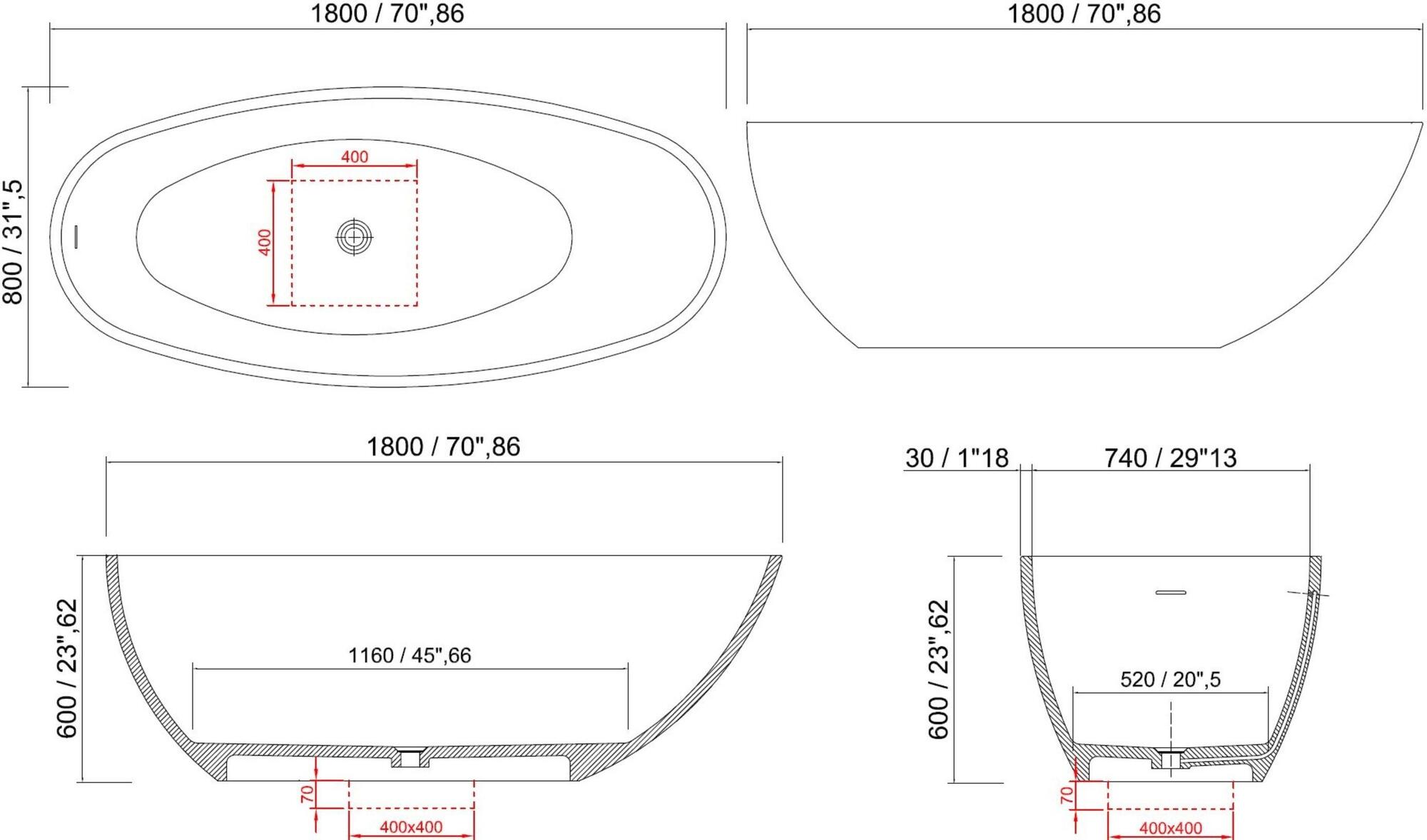MOMA Design Отдельностоящая асимметричная ванна из массивной поверхности Ruby Rbt - Вид №2