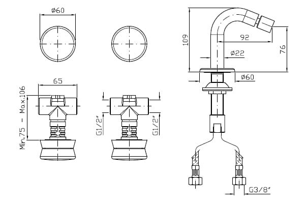 Смеситель для биде с 3 отверстиями из нержавеющей стали без слива Zucchetti Sablier ARCH-00101197 - Вид №2