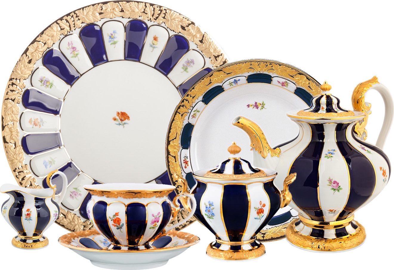 10618738 Meissen Сервиз чайный Meissen Форма - Икс на 6 персон 22 предмета, (россыпь цветов, кобальт) Фарфор 