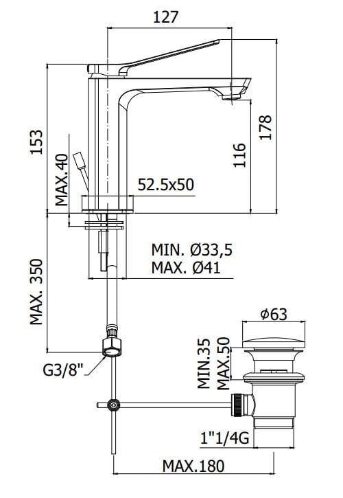Смеситель для раковины с автоматическим сливом RUBINETTERIA PAFFONI Tilt ARCH-00023799 - Вид №2