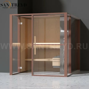 Effegibi LOGICAFILO S LO21030013 Сауна. Установка: в левый  полуугол. Правая дверь. Мощность: 6 кВт макс. Размеры: длина 214 см, ширина 250 см. Отделка: канадский хемлок, матовый лакированный коричневый аллюминий и темный ламинат из керамогранита.