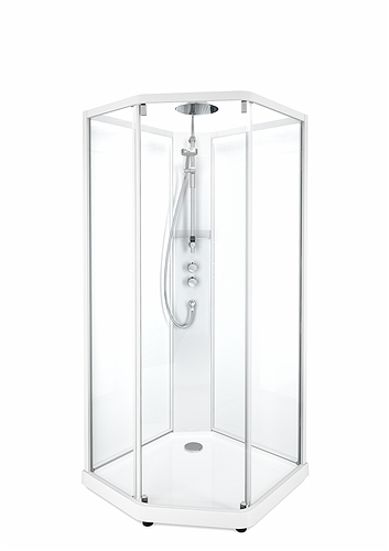 558.908.00.1 IDO Showerama 10-5 1000x1000 Pentagon Comfort, Душевая кабина IDO Showerama в сборе, пятиугольная, белые профили / прозрачное стекло / задняя часть из матового стекла, 1000X1000 мм 