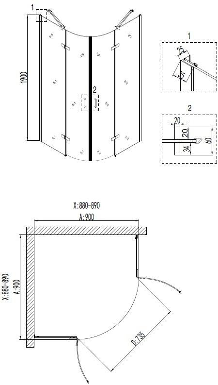 Душевое ограждение NG- 6615-08 (90*90*190) полукруг, двери распашные, 1 место Niagara Nova 66150811 - Вид №2