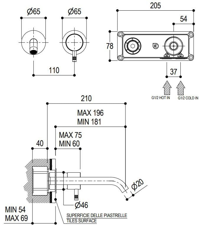 Настенный смеситель для раковины из нержавеющей стали с одной ручкой Ritmonio Diametro35 Inox ARCH-00107558 - Вид №2