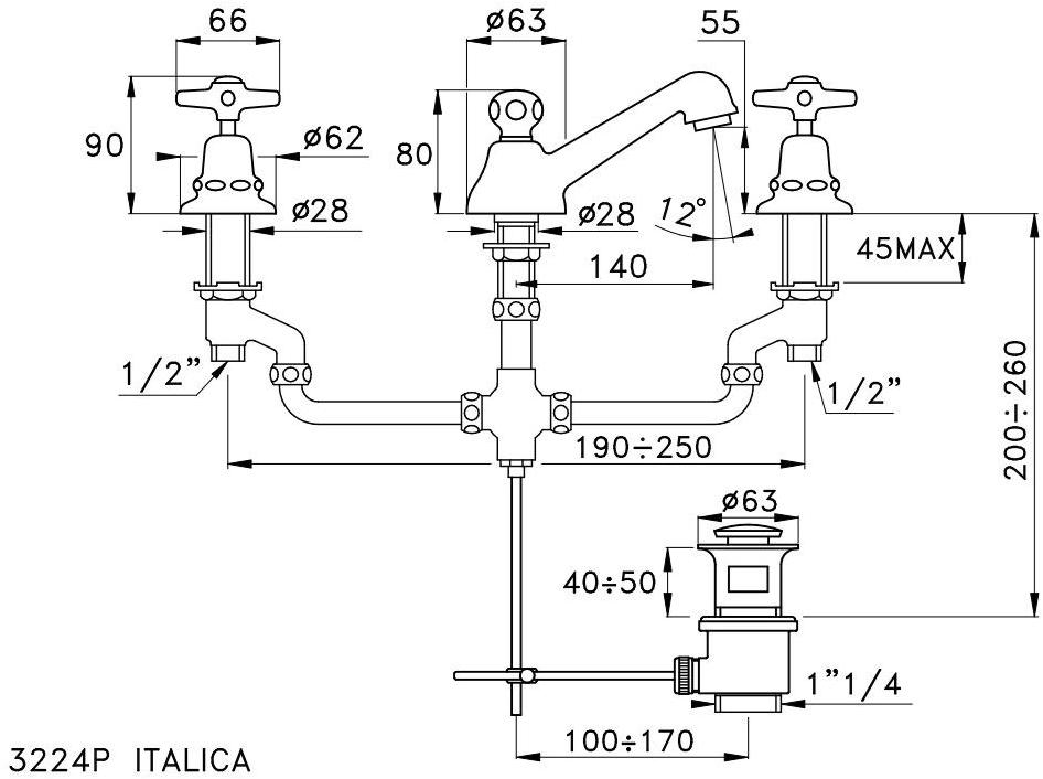 RUBINETTERIE STELLA Смеситель для раковины на 3 отверстия Italica It00013 - Вид №1