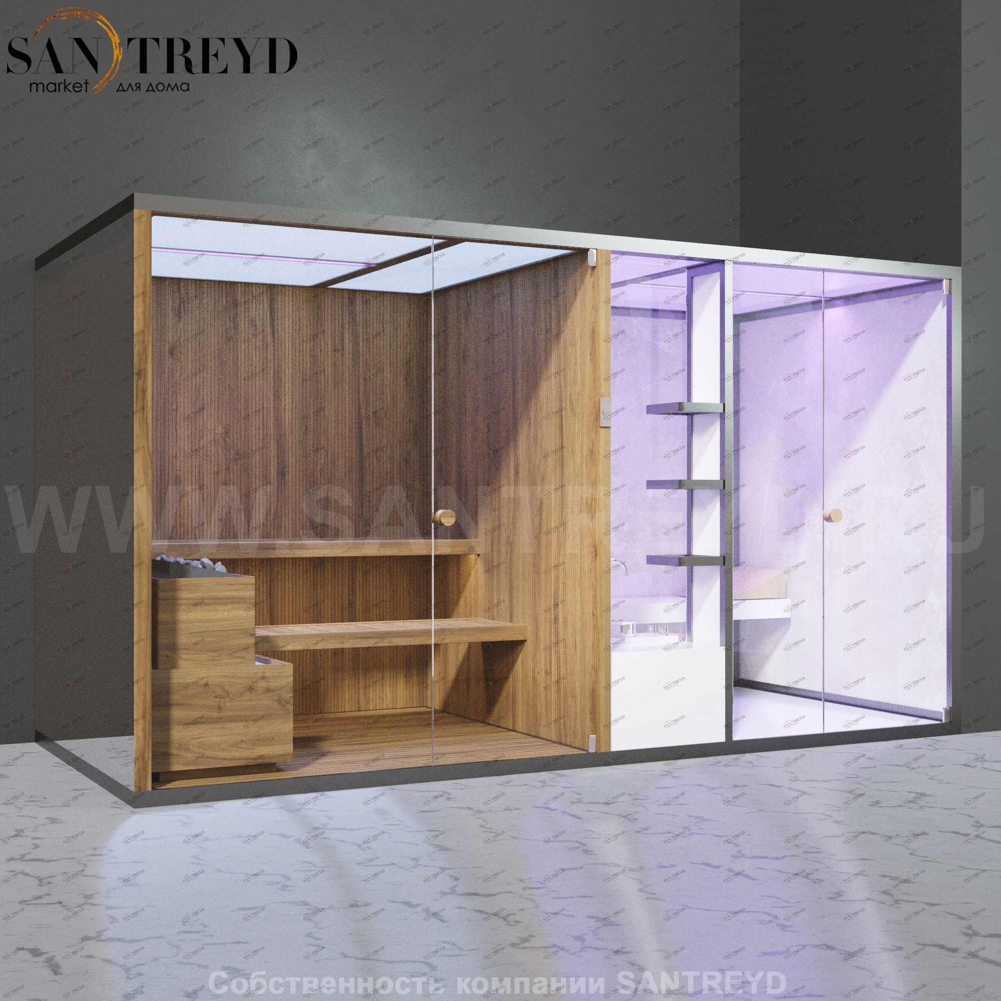 Effegibi BODYLOVE SH BL40210003 Фронтальная комбинированная баня: хаммам и сауна. Установка: в правый угол. Мощность: 15 кВт макс. Размеры: длина 393 см, ширина 176 см. Отделка: термообработанная древесина, светлый керамогранит и зеркало.