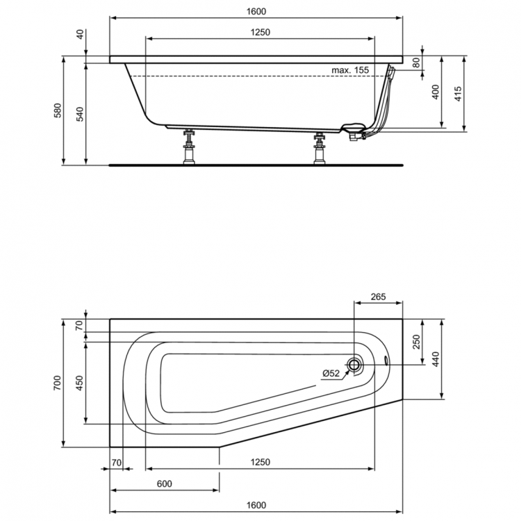K276301 Асимметричная ванна 160х70 см Ideal Standard HOTLINE - Вид №1