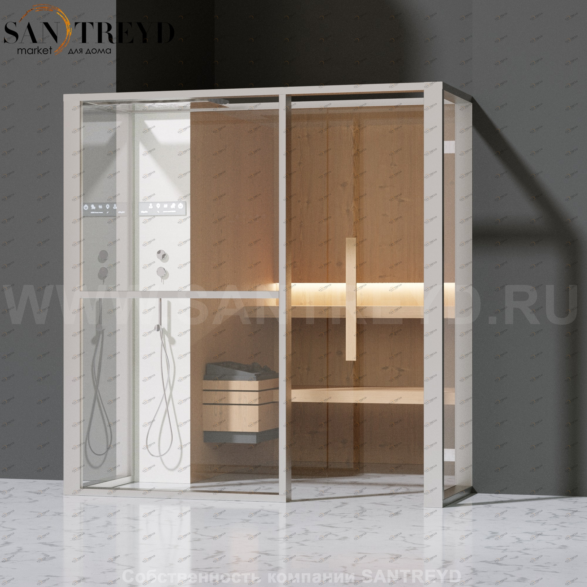 Effegibi LOGICAFILO S LO21020012 Сауна. Установка: в полунишу. Левая дверь. Мощность: 6 кВт макс. Размеры: длина 214 см, ширина 250 см. Отделка: канадский хемлок, матовый лакированный белый аллюминий и серый ламинат из керамогранита.