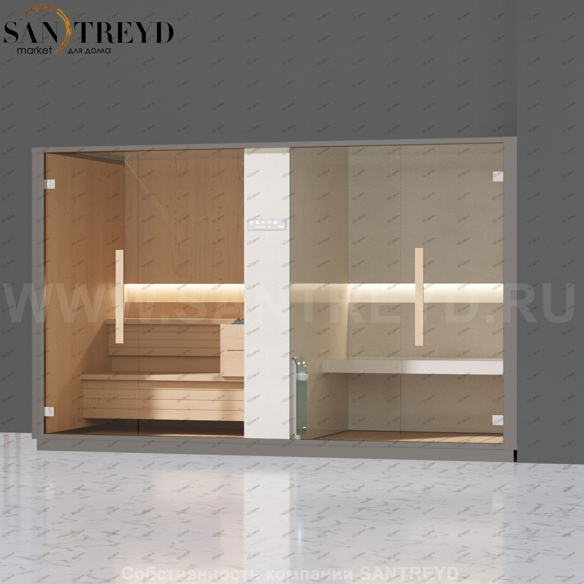 Effegibi LOGICA SH LO40010004 Комбинированная баня: хаммам и сауна. Установка: в правый угол. Мощность: 10,5 кВт макс. Размеры: длина 373 см, ширина 171 см. Отделка: канадский хемлок, матовый лакированный серый аллюминий и бежевый ламинат из керамогранита