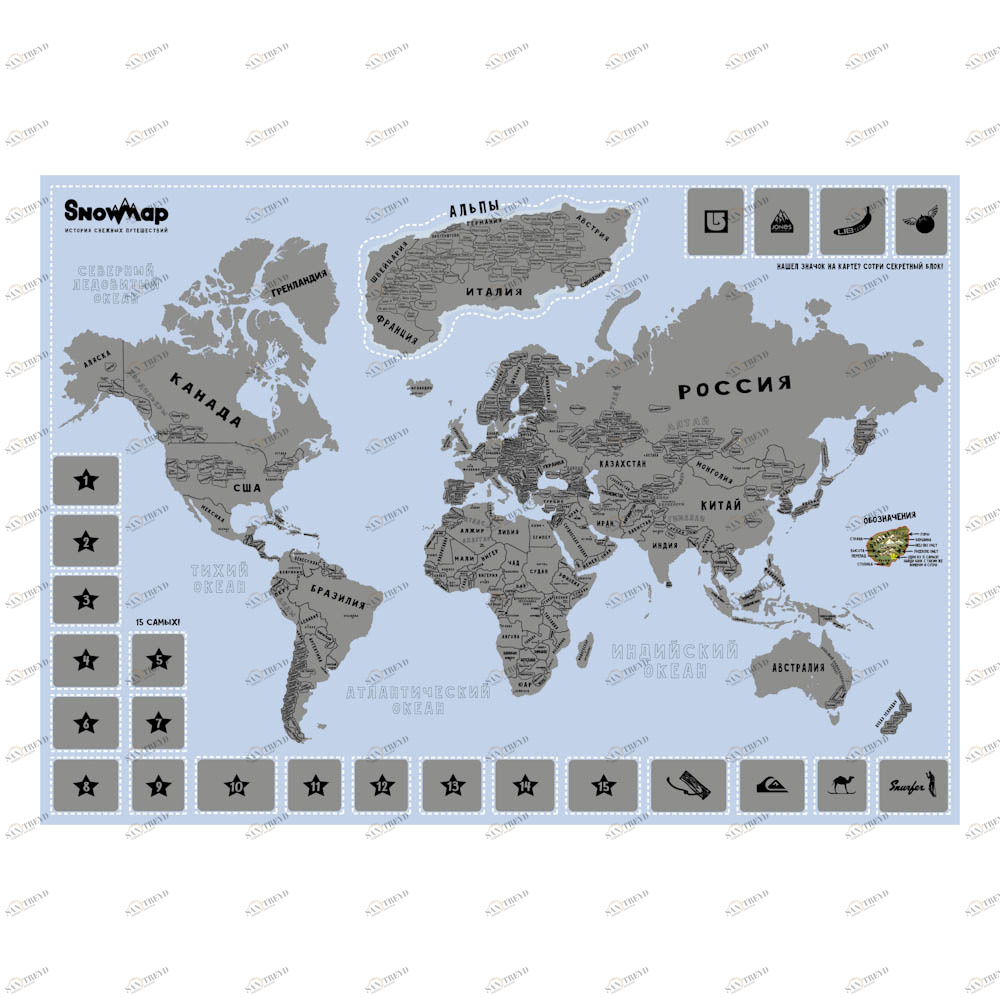 Карта со скретч слоем голубая Snow Map BADLAB ДИЗАЙНЕРСКИЕ 00-3880591 Голубой 