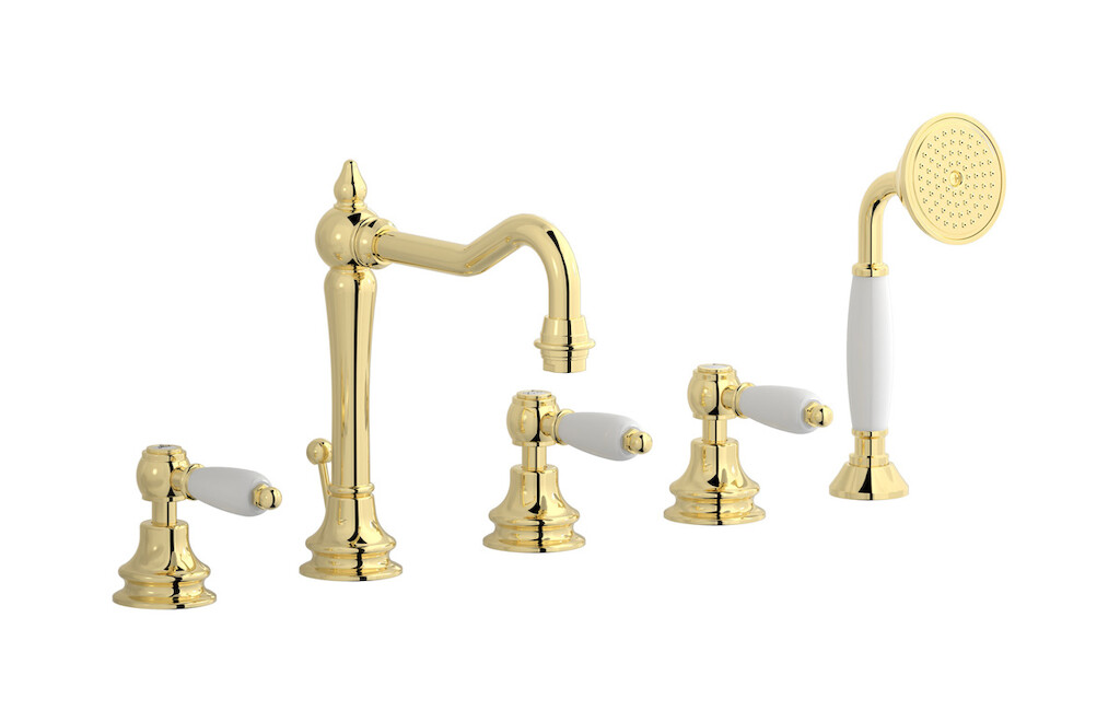 Смеситель на бортик ванной на 5 отверстий с дивертером и душевым гарнитуром. WE ARE IB hl396ii_2 Pale Gold Hermes