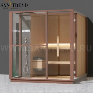 Effegibi LOGICA S LO20030002 Сауна. Установка: к стене. Левая дверь. Мощность: 6 кВт макс. Размеры: длина 214 см, ширина 250 см. Отделка: канадский хемлок, матовый лакированный коричневый аллюминий и темный ламинат из керамогранита.