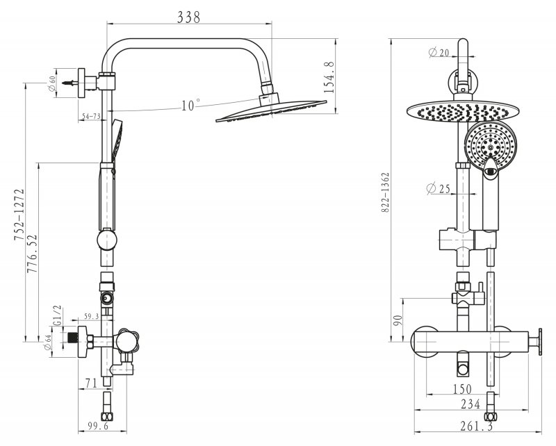 Душевая колонна без смесителя с верхним и ручным душем BelBagno ROSO BB-COLD-U-CRM  - Вид №1