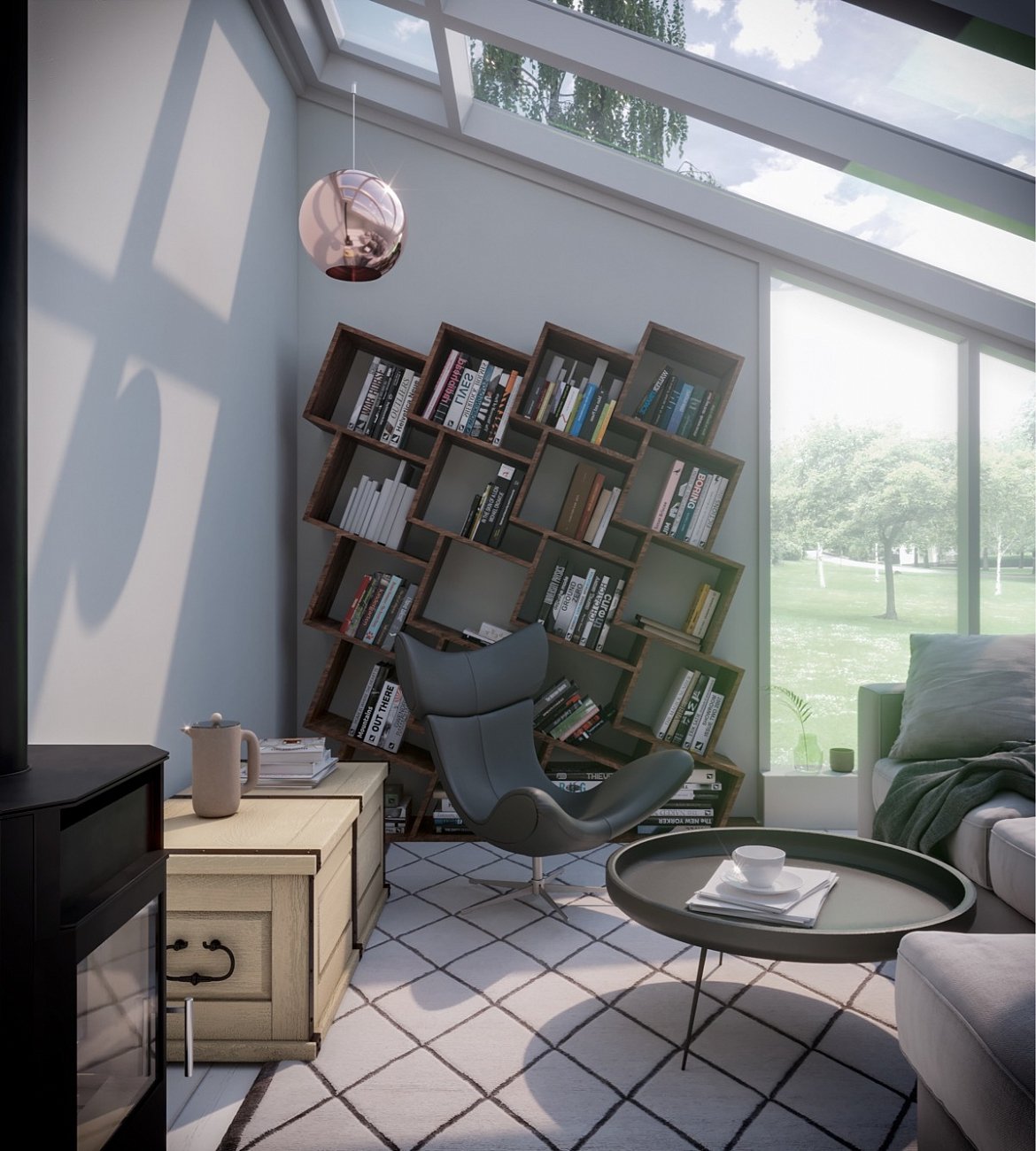 Стеллаж деревянный дизайнерский широкий орех "Матрица на 4" от Odingeniy ODINGENIY СТЕЛЛАЖИ "МАТРИЦА" 178442 Коричневый  - Вид №1