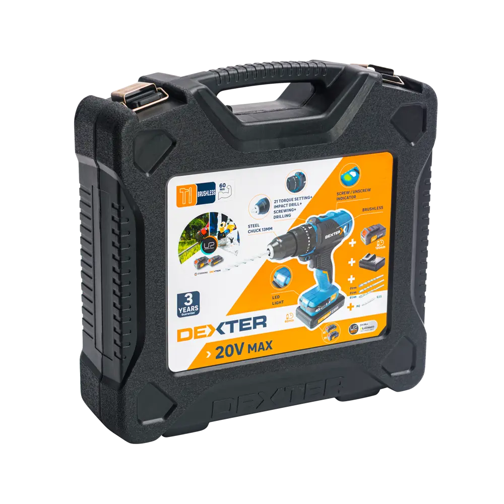 Бесщеточная беспроводная ударная дрель Dexter 5 20 В Li-ion, 1x2.5 Ач, 5 Ач 89184088 STLM-2095228  - Вид №1