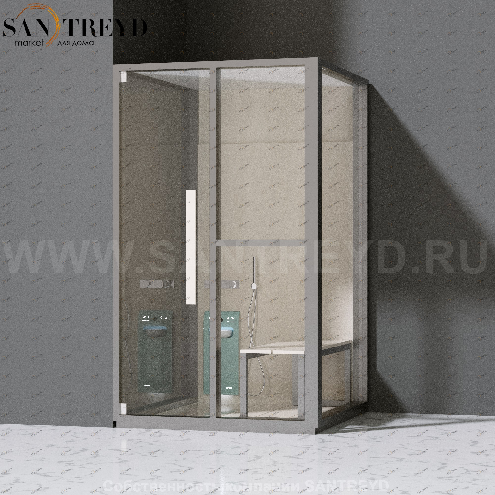 Effegibi H SMALL LO82010003 Комбинированная баня: хаммам и душ. Установка: в левый угол. Правая дверь. Мощность: 3 кВт макс. Размеры: длина 131 см, ширина 92 см. Отделка: матовый лакированный серый аллюминий и бежевый ламинат из керамогранита.